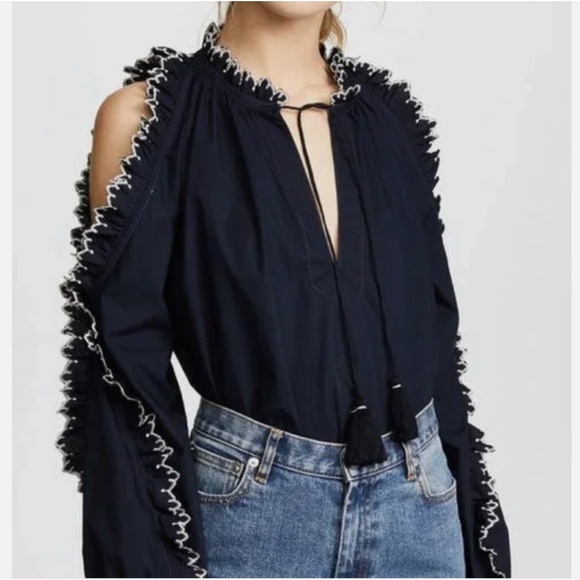 ULLA JOHNSON Sz 2 Amandine Cold Shoulder Cotton Poplin Navy Blue Blouse Top EUC - Picture 1 of 7